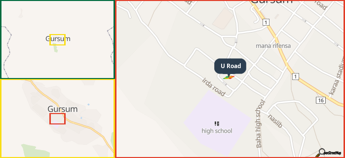 Map showing the address of U Road in three different zoom levels.