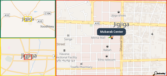 Map showing the address of Mubarak Center in three different zoom levels.