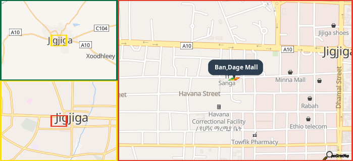 Map showing the address of Ban,Dage Mall in three different zoom levels.