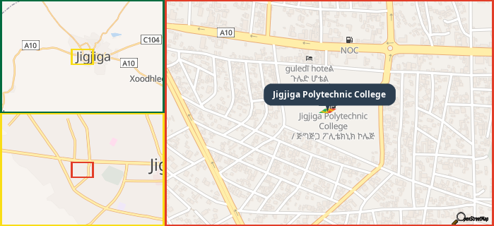 Map showing the address of Jigjiga Polytechnic College in three different zoom levels.