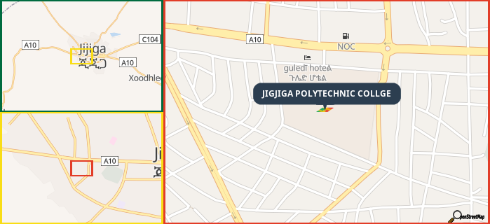 Map showing the address of JIGJIGA POLYTECHNIC COLLGE in three different zoom levels.