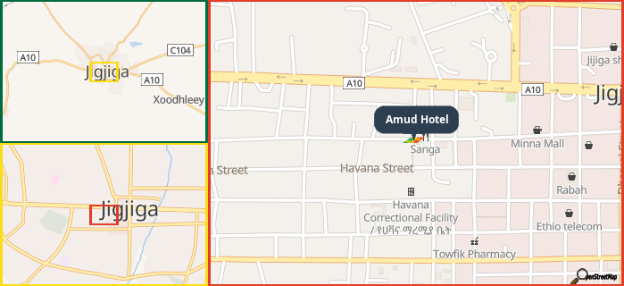 Map showing the address of Amud Hotel in three different zoom levels.