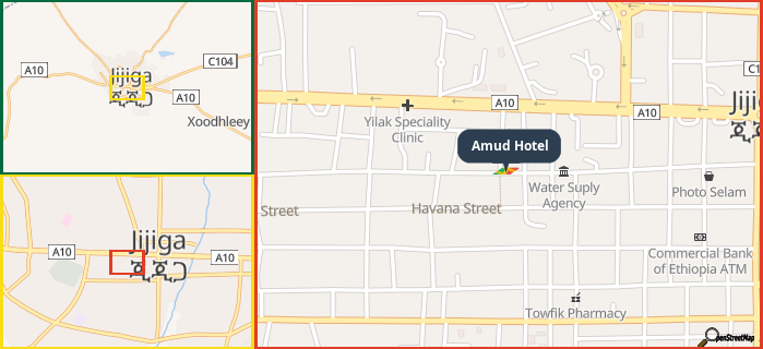 Map showing the address of Amud Hotel in three different zoom levels.