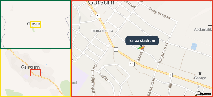 Map showing the address of karaa stadium in three different zoom levels.