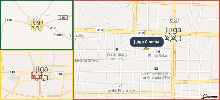 Map showing the address of Jijiga Cinema in three different zoom levels.
