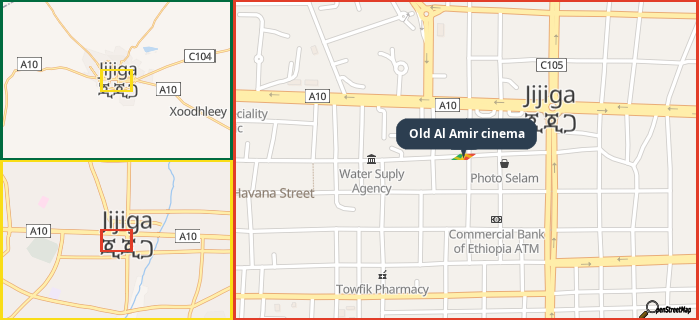 Map showing the address of Old Al Amir cinema in three different zoom levels.