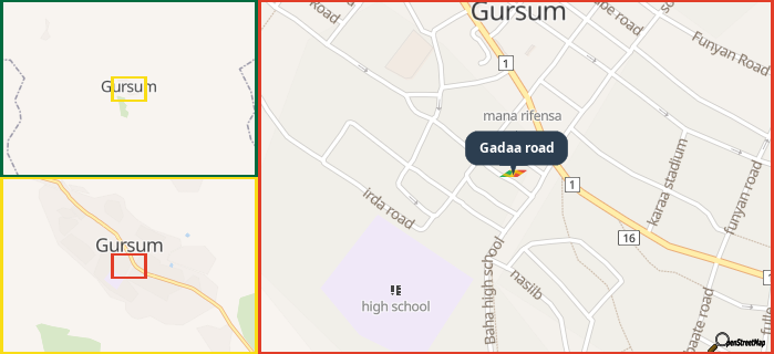 Map showing the address of Gadaa road in three different zoom levels.