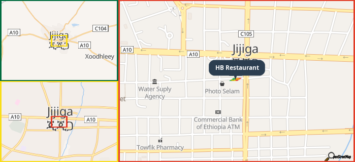 Map showing the address of HB Restaurant in three different zoom levels.