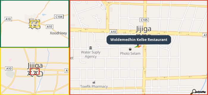 Map showing the address of Woldemedhin Kelbe Restaurant in three different zoom levels.