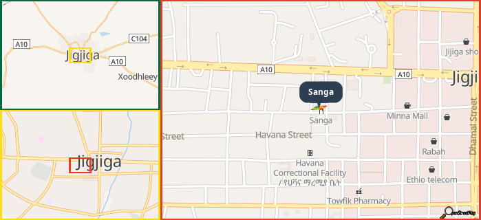 Map showing the address of Sanga in three different zoom levels.