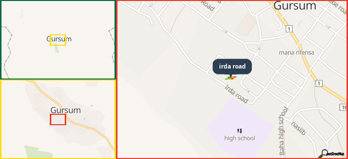 Map showing the address of irda road in three different zoom levels.