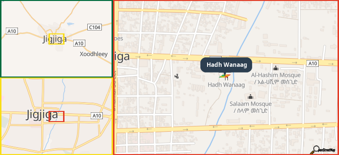 Map showing the address of Hadh Wanaag in three different zoom levels.