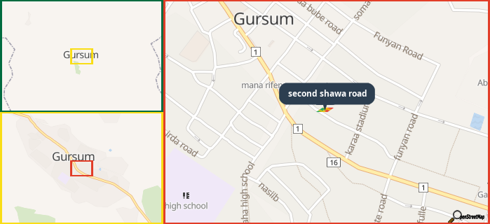 Map showing the address of second shawa road in three different zoom levels.
