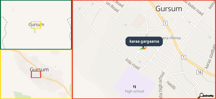 Map showing the address of karaa gargaarsa in three different zoom levels.