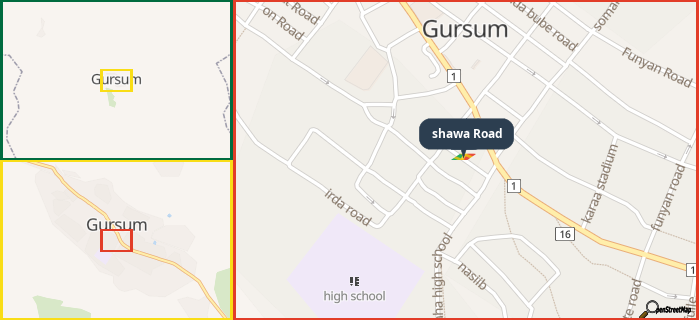 Map showing the address of shawa Road in three different zoom levels.