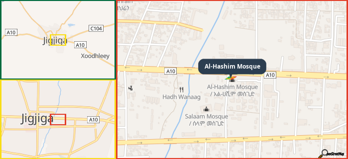 Map showing the address of Al-Hashim Mosque in three different zoom levels.