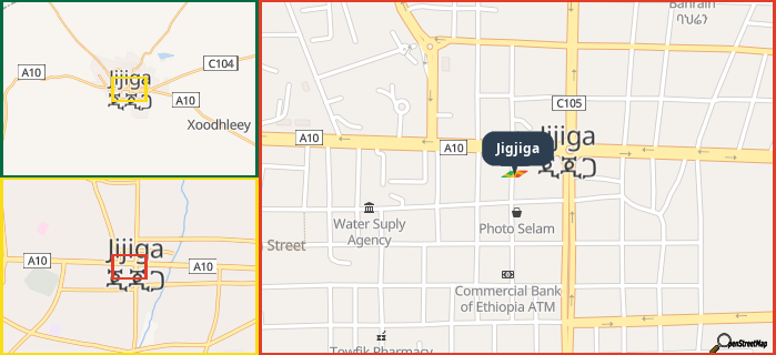 Map showing the address of Jigjiga in three different zoom levels.