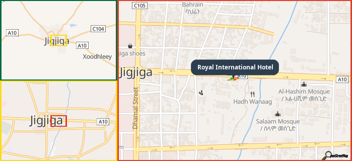 Map showing the address of Royal International Hotel in three different zoom levels.