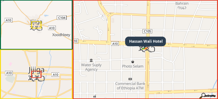 Map showing the address of Hassan Wali Hotel in three different zoom levels.