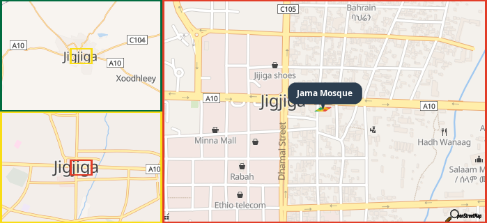 Map showing the address of Jama Mosque in three different zoom levels.