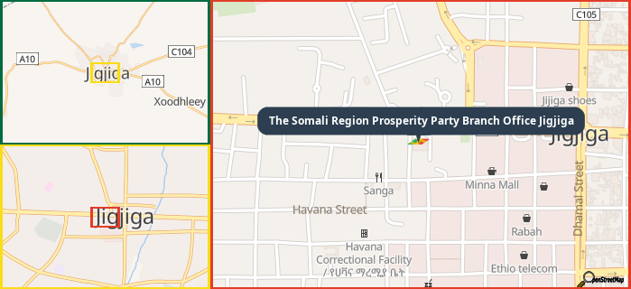 Map showing the address of The Somali Region Prosperity Party Branch Office Jigjiga in three different zoom levels.