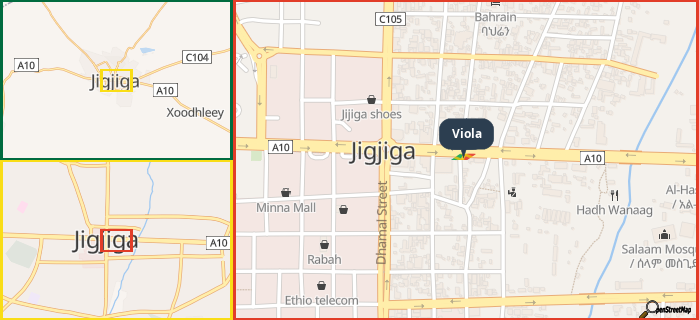 Map showing the address of Viola in three different zoom levels.