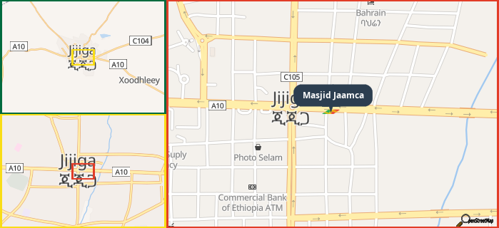 Map showing the address of Masjid Jaamca in three different zoom levels.