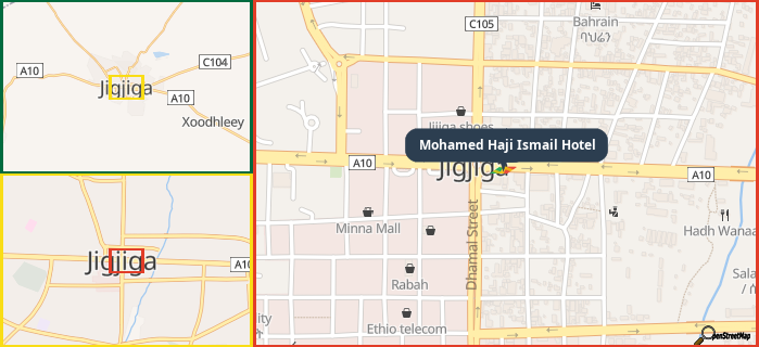 Map showing the address of Mohamed Haji Ismail Hotel in three different zoom levels.