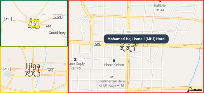 Map showing the address of Mohamed Haji Ismail (MHI) Hotel in three different zoom levels.