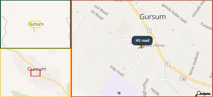 Map showing the address of HS road in three different zoom levels.