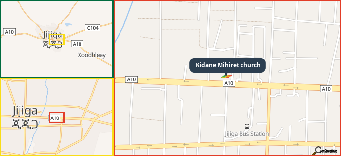 Map showing the address of Kidane Mihiret church in three different zoom levels.