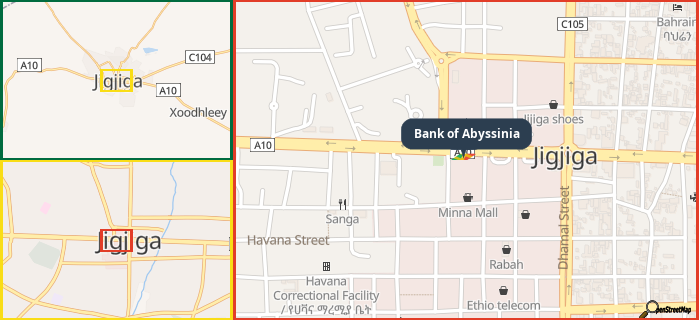 Map showing the address of Bank of Abyssinia in three different zoom levels.