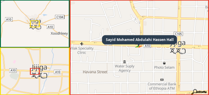 Map showing the address of Sayid Mohamed Abdulahi Hassen Hall in three different zoom levels.