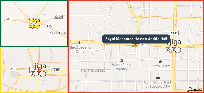 Map showing the address of Sayid Mohamed Hassen Abdile Hall in three different zoom levels.