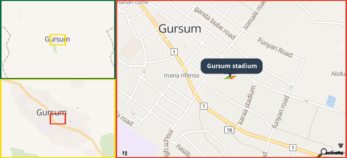 Map showing the address of Gursum stadium in three different zoom levels.