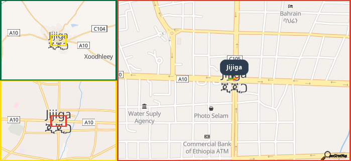 Map showing the address of Jijiga in three different zoom levels.