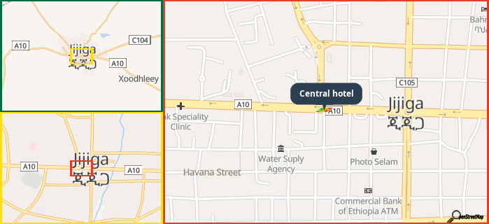 Map showing the address of Central hotel in three different zoom levels.