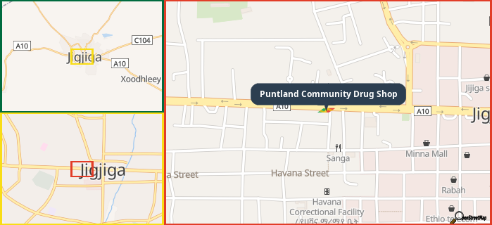 Map showing the address of Puntland Community Drug Shop in three different zoom levels.