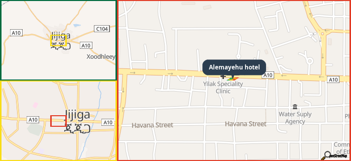 Map showing the address of Alemayehu hotel in three different zoom levels.