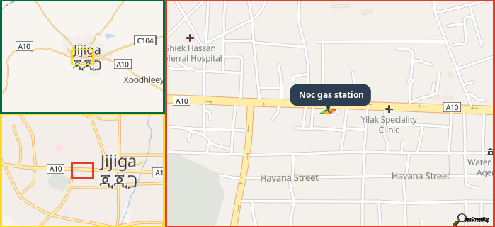 Map showing the address of Noc gas station in three different zoom levels.