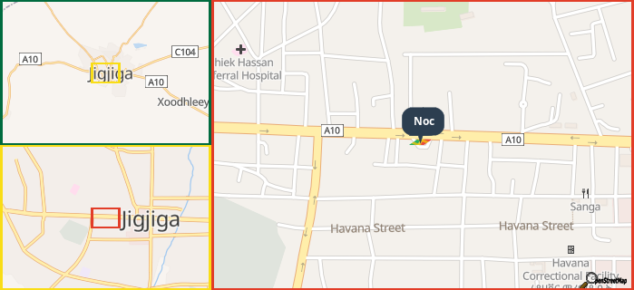 Map showing the address of Noc in three different zoom levels.