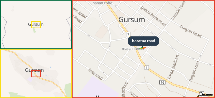 Map showing the address of barataa road in three different zoom levels.