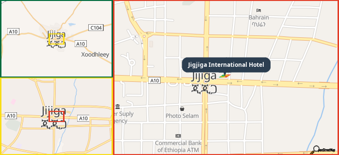 Map showing the address of Jigjiga International Hotel in three different zoom levels.