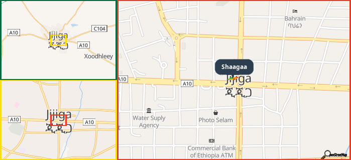 Map showing the address of Shaagaa in three different zoom levels.
