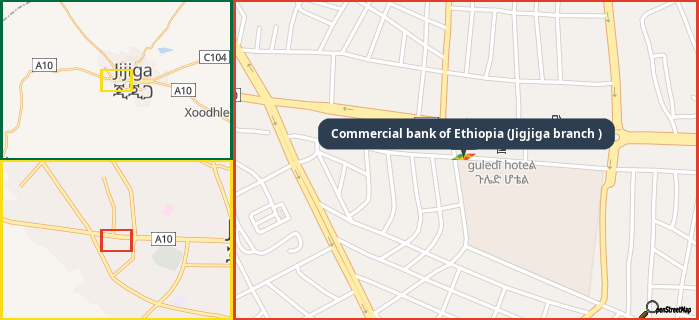 Map showing the address of Commercial bank of Ethiopia (Jigjiga branch ) in three different zoom levels.