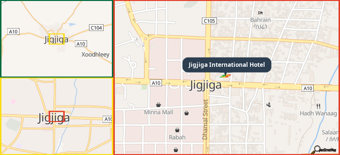 Map showing the address of Jigjiga International Hotel in three different zoom levels.