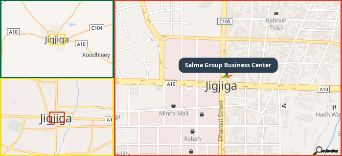 Map showing the address of Salma Group Business Center in three different zoom levels.