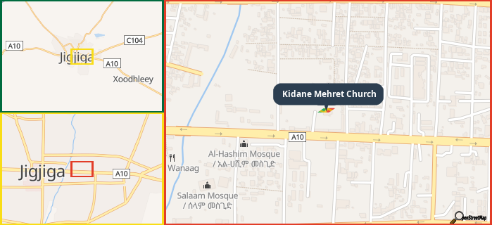 Map showing the address of Kidane Mehret Church in three different zoom levels.