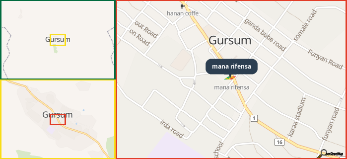 Map showing the address of mana rifensa in three different zoom levels.