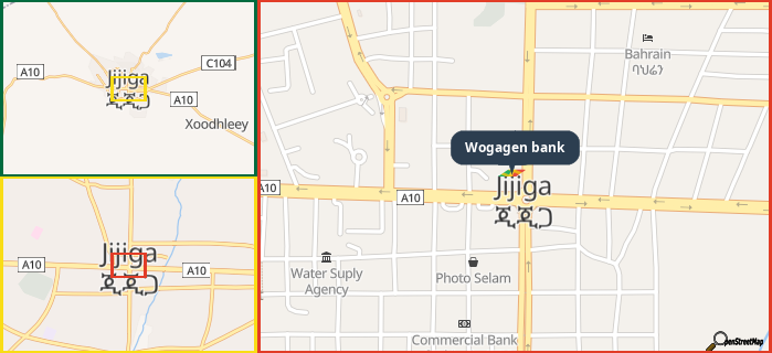 Map showing the address of Wogagen bank in three different zoom levels.